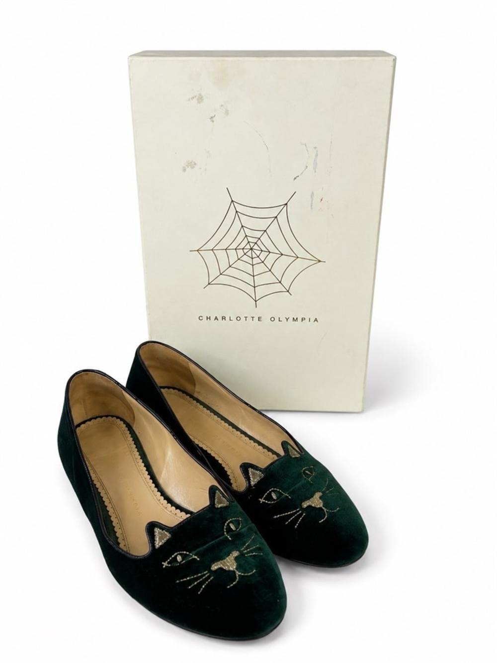 Charlotte Olympia Green Velvet Kitty Flats